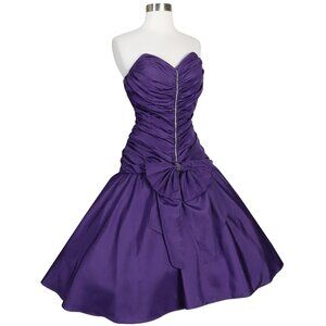 Vintage 80s Purple Taffeta Ruched Strapless Full Skirt Prom Gown Party Dress S